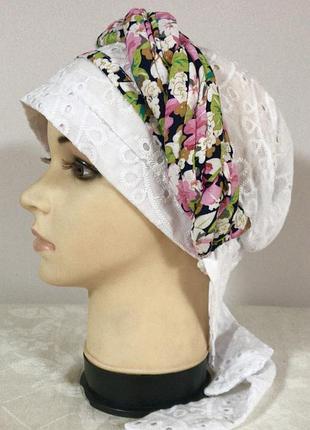 Бавовняна літня бандана-косинка-чалма з прошви з зеленим рожевим джгутом