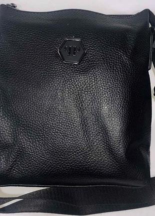 Чоловіча барсетка через плече, барсетка з натуральної шкіри чорна, сумка натуральна шкіра, барсетка шкіряна планшетка встиль філіп плейн philip plein