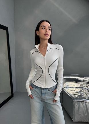 Лонгслив на молнии с контрастным кантом с вырезами для пальчиков на рукавах