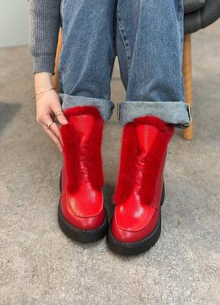 Високі лофери з італійської шкіри з норкою червоні жіночі