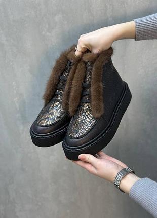 Високі лофери з італійської шкіри та замші з норкою жіночі черевики