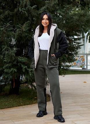 Теплий спортивний костюм з кофтою на овчині на блискавці з штанами на флісі