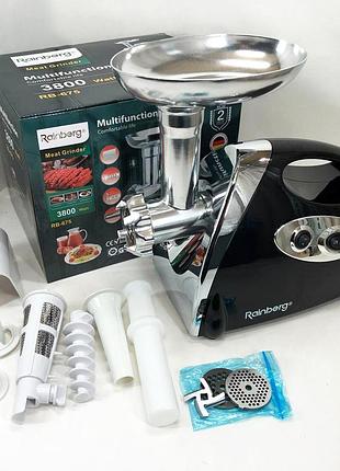 М'ясорубка rainberg rb-675 3800 вт із соковижималкою, м'ясорубка електрична метал. колір: чорний