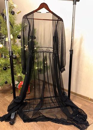 Жіночий чорний халат ajour з мереживом