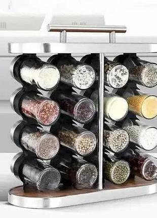 Карусель для спецій набір для спецій 16 ємностей stainless steel and wood / органайзер для зберігання спецій
