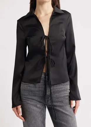 Чорна блуза, сорочка атласна zara нова жіноча на зав'язках модна