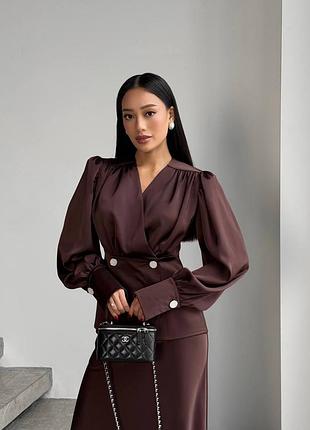 Шелковая сатиновая блуза рубашка размер шоколад шоколадная