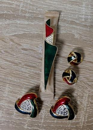 Гарнитур винтаж брошь клипсы эмаль англия