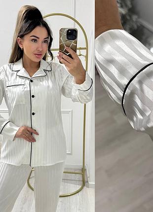 Жіноча шовкова піжама у смужку | сорочка + штани | 009