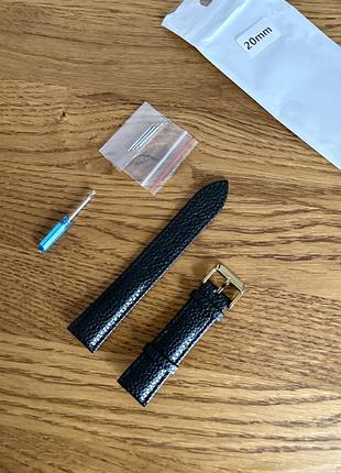 Английский черный кожаный ремешок для часов 20мм с золотистой пряжкой