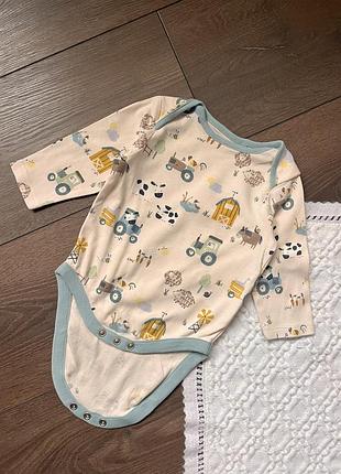 Бежевий молочний бавовняний боді довгий рукав некст next 3-6 міс 68 см з фермою тваринами