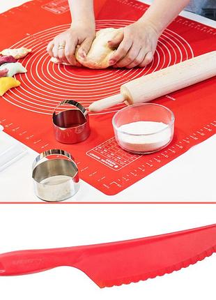 Комплект килимок силіконовий для розкачування тіста, випічки та заморожування напівфабрикатів 81х61 см і ніж пластиковий червоний