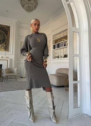 Серое платье миди с накидкой люкс