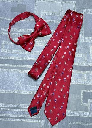 Новогодний галстук и бабочка праздничный карнавальный набор красный для мужчины молодого мальчишки рождественские пингвины