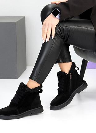 Стильні жіночі чорні черевики замшеві зимові черевики натуральна замша зима