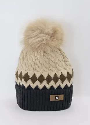 Зимова дитяча шапка на зав'язках для хлопчика 6-8 років з помпоном та м'якою текстильною підкладкою