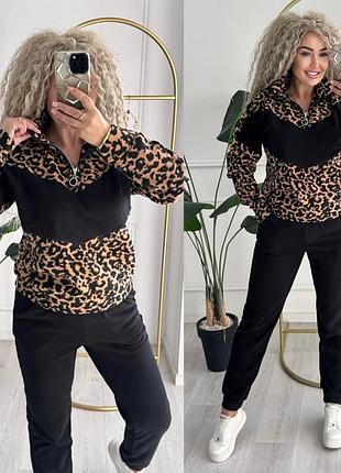 Женский теплый спортивный костюм из флиса с леопардовым принтом черный s, м, l, xl