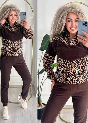 Женский теплый спортивный костюм из флиса с леопардовым принтом шоколад коричневый s, м, l, xl