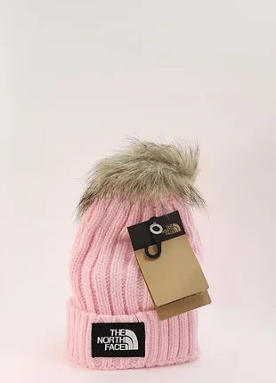Стильная теплая зимняя женская шапка the north face beanie со съемным помпоном из искусственного меха