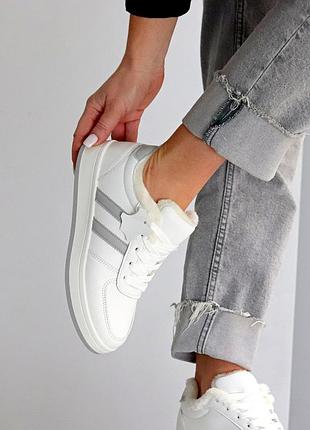 Натуральні шкіряні зимові утеплені білі кеди - кросівки