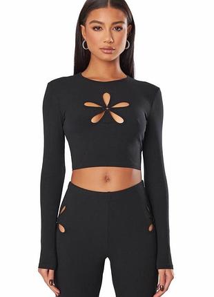 Лонгслів кроп-топ в рубчик чорний вкорочений лонг fb sister s