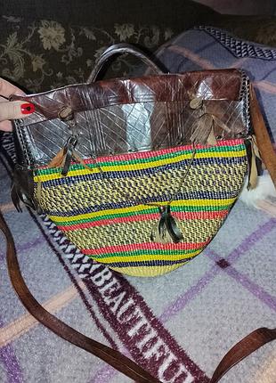Вмістка сумка шкіра+соломка ручна робота