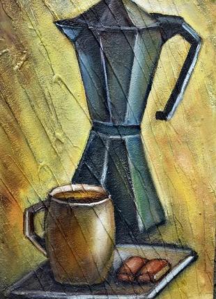 Кофейный натюрморт, структурная живопись размер 20х40 см