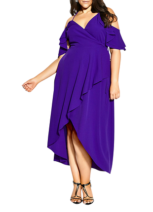 Стильное фиолетовое платье миди на запах