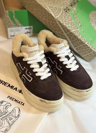 Зимние кроссовки premiata в шоколадном цвете, зимние кроссовки