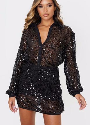 Новый брендовый костюм, комплект блузка и юбка "prettylittlething" черный с пайетками. размер uk16.