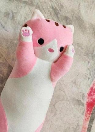 Кот-батон 90 см розовый, мягкая длинная игрушка-подушка для объятий, котик из плюша, антистресс, подходит для сна и игр