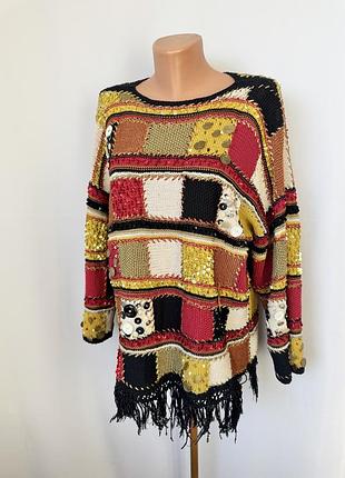 Печворк джемпер atrwork london эклектика квадраты винтаж 90е разноцветный свитер бахрома монеты бусины пайетки этно бохо