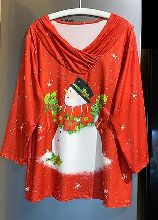 Xl новорічна 🎅 кофта лонгслів червоний довгий рукав жіночий принт сніжинки сніговик