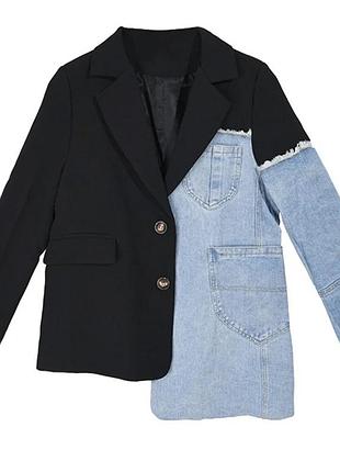 Стильный жакет в комбинированном дизайне (пиджак + деним) эффектная модель с оригинальным сочетанием классического чёрного пиджака и денима.