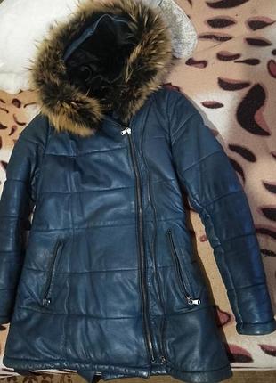 Жіночий теплий шкіряний пуховік куртка утеплена зимовий пуховик кожаний женский