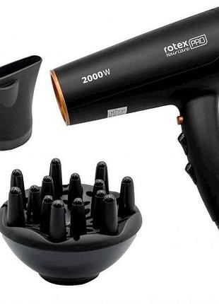 Фен (2000 вт, 2 швид., диффузор, концентратор, черный) rff200-b тм rotex