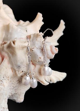 Сережки натуральні перлини. перли на ланцюжку. натуральні перли в сріблі. індія.