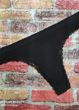 Арт.0658 трусики танга чорні безшовні в рубчик з мереживом від h&m розмір євро м