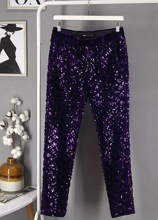 Велюрові обтислі звужені штани "asos" фіолетові з паєтками, s/m.