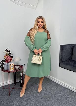Зелена оливкова сукня міді жіноча вільна з довгими рукавами 079 батал великі розміри