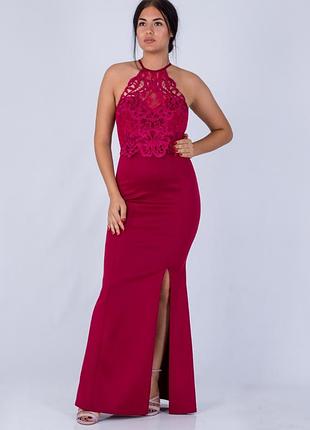 Длинное бордовое вечернее платье с кружевом, фасон русалка