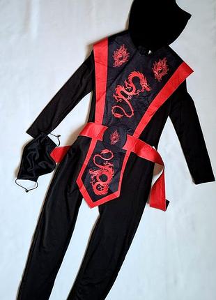 Самурай ніндзя червоний дракон дитячий чорний карнавальний костюм комбінезон на 5-7 років