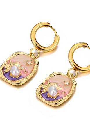 Сережки живопис комбіновані листок нержавіюча сталь stainless steel