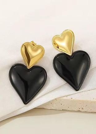 Сережки серця золотисто-чорні нержавіюча сталь stainless steel