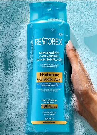Увлажняющий шампунь для всех типов волос "гиалуроновая и гликолевая кислоты" restorex, 500 мл livesta. левистая