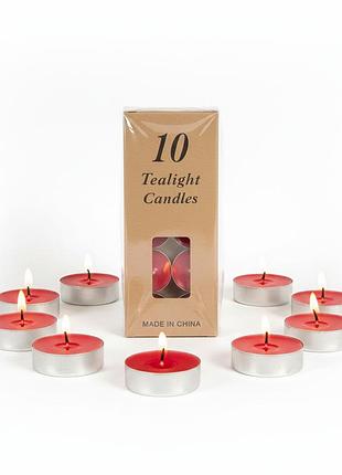 Набір чайних свічок tealight 10 шт у коробці | червоні свічки в металевій гільзі