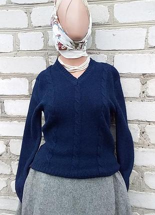 Шотландская шерсть джемпер свитер косы унисекс классика темно синий винтаж ретро кэжуал спорт шик
