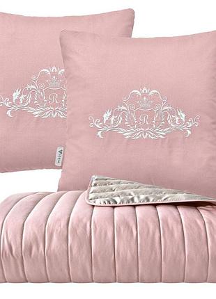 Покрывало 220х240 см и 2 шт подушка 45х45 см декор с вышивкой ideia двухстороннее, прочная стежка ткани пудра