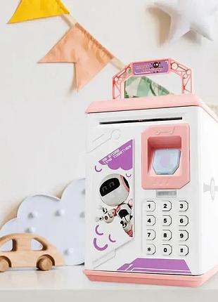 Розовая электронная копилка сейф с отпечатком пальца и кодовым замком «bodyguard» + купюроприемник