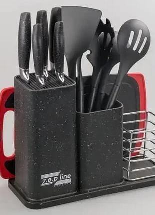 Набор кухонных ножей и принадлежностей zp-045 на подставке с доской (14 предметов) черный